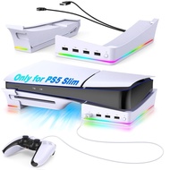 RGB Horizontal Stand for PS5 Slim Console Accessories with 14 Light Mode and 4 USB Hubs, Side Stand for Playstation 5 Slim Disc &amp; Digital, Base Holder with Fast Controller Charging