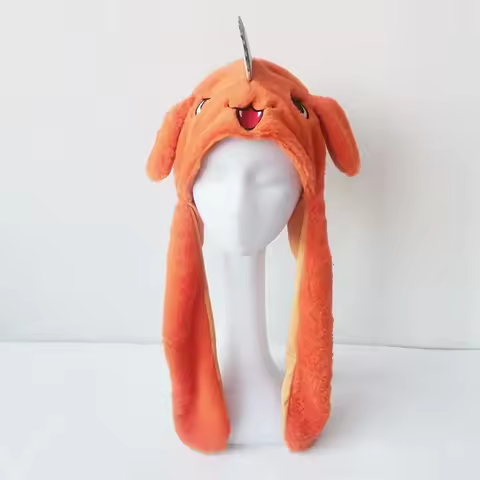 Orange Dog Pochita Plush Hat Long Ears Movable Warm Cap Cosplay Headwear Halloween Carnival Party Bu