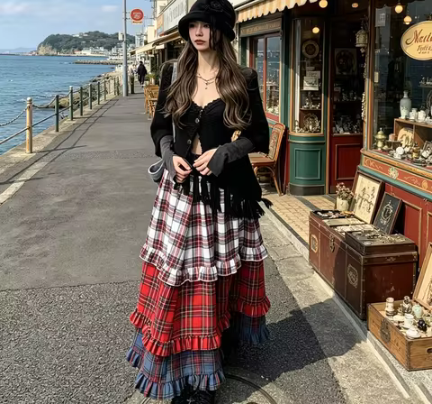Retro Tartan Tiered Midi Skirt Women Plaid Colorblock Ruffle Layered Maxi Skirt Gothic Dark Academia