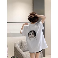 Cat Print Round Neck T-Shirt For Women Loose Casual Short Sleeve Clothes Mom For Spring And Summer U