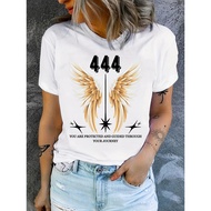 444 Angel Number & Golden Wings T-Shirt - White Charm Symbol, 44444 Print Casual Summer Top, Round N
