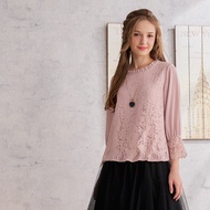 [CUMAR] Ruffled Collar Lace Long Sleeve Top White Pink