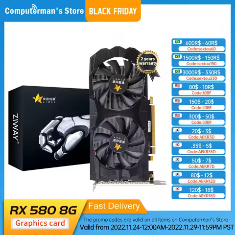 ZIWAY RX 580 8G Graphics Cards 2048SP 1206Mhz 256Bit GDDR5 HDMI-Compatible DVI DisplayPort GPU RX580