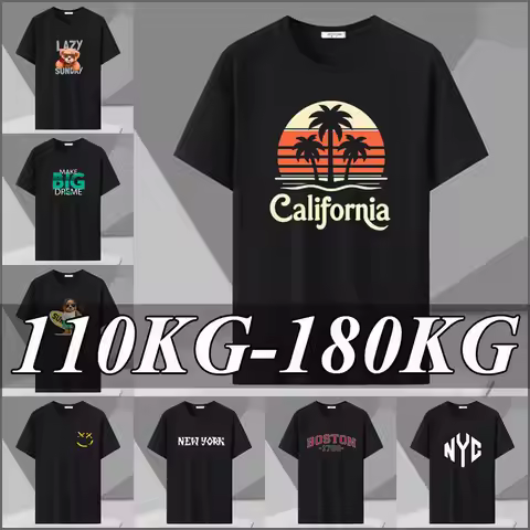 Men's Summer T-Shirt 110kg-180kg Plus Size Cartoon Short Sleeves Tees Cotton Oversized Tops Black T-