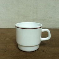 WH6627【四十八號老倉庫】全新 早期 法國製 ARCOPAL 素白紅褐邊 牛奶玻璃 咖啡杯 220cc 1杯價