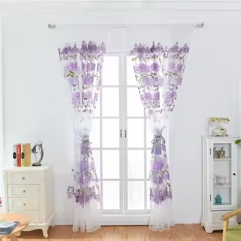 Voile Curtain Panel Offset Printed Peony Net Curtain, 100x270cm, 100x200cm