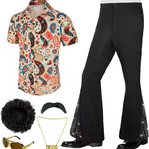 60s 70s Hippie Halloween Costume Sequins Pants Shirt Tops Bell Bottom Men's Flared Trouser Adult Dis