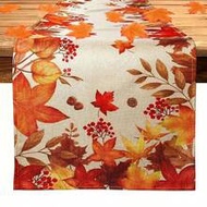 Autumn Harvest Thanksgiving Table Runner - Rectangle Knit Line Fabric With Vibrant Fall Leaves Desig