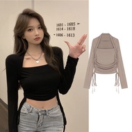 Women Solid Color Drawstring Short Bottom Shirt Long Sleeve Tight T-shirt