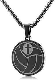 Athletes Sports Cross Black Volleyball Pendant Necklace Bible Verse Luke 1:37 Necklaces Jewelry Gift