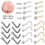 1 PC 18G/20G Stainless Steel Nostril Piercing 1.5/2/2.5/3mm Crystal Nose Piercings L Shape Nose Stud