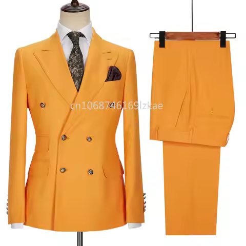 2024 New Design Double Breasted Men Suit Orange Slim Fit Peak Lapel Wedding Suits For Men Prom Blaze