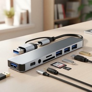 Aluminum 8-in-1 USB-C Hub: 1x USB 3.0, 3x USB 2.0, USB-C, SD/TF Reader, 3.5mm Audio  Hab USB-C 8-dal