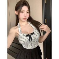 Women cropped Top Halter Neck Bow Decoration Slim Fit Striped Summer