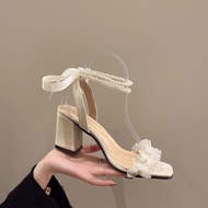 Women's 7p square heel high heel sandals with horizontal straps, square heel, pearl bow, ankle wrap,