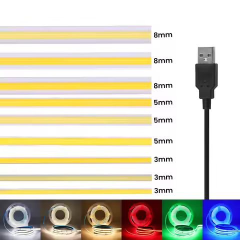 3MM 5MM 8MM PCB USB COB LED Strip 5V 320LEDs/m High Density COB LED Tape Red Blue Green Pink Yellow 