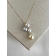 mixed color akoya pearl diamond pendant necklace, Japanese seawater pearl, 18k yellow gold, 45cm