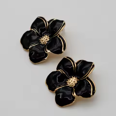 Heavy Metal Flower Post Earrings For Women Black Enamel Petal Statament Fashion Jewelry Basic Design