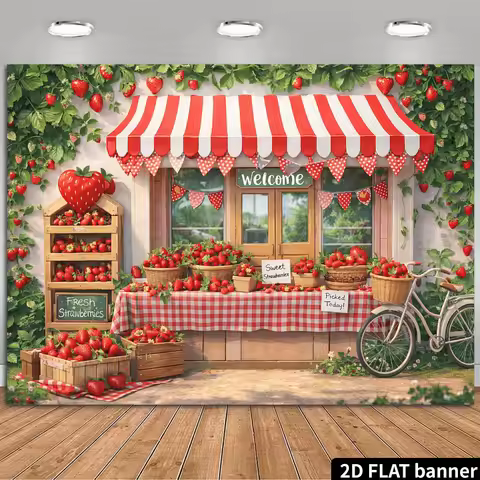 2D rural strawberry hut background with fresh wooden doors and red and white striped sunshade as the