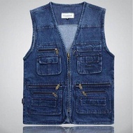 Denim Vest Casual Fishing Vest ผู้ชายถ่ายภาพ Multi Pocket Vest