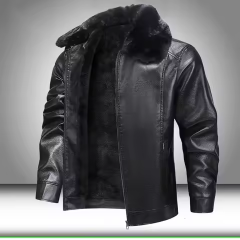 Fur Collar Men Faux Leather Jacket Winter Fleece Lined Biker Jackets Fashion Motorcycle Leather Coat