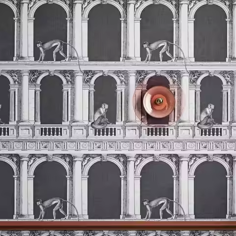 Procuratie e Scimmie Wallpaper in Black and White, Monkey in ancient palace nordic wallpaper, scandi