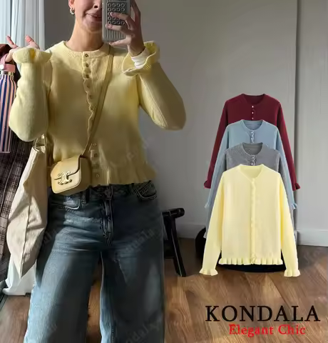 Women Fall Elegant Knit Cardigan Yellow Petal Sleeve Sweater 2025 Autumn Fashion Versatile Sweet Vib