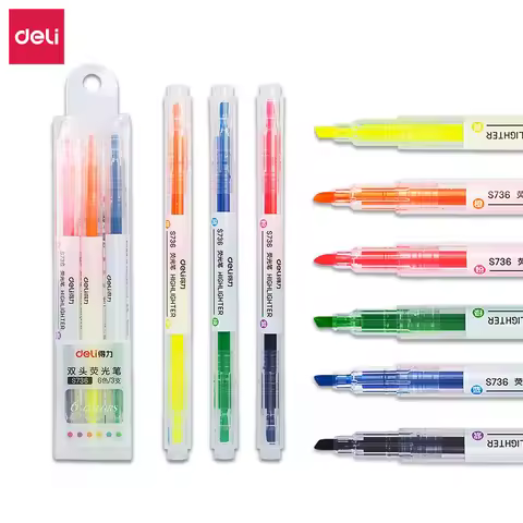 DELI Dual Tip Highlighter 3Pcs/Bag 6 Colors Double Headed Highlight Marker Pen Stationery