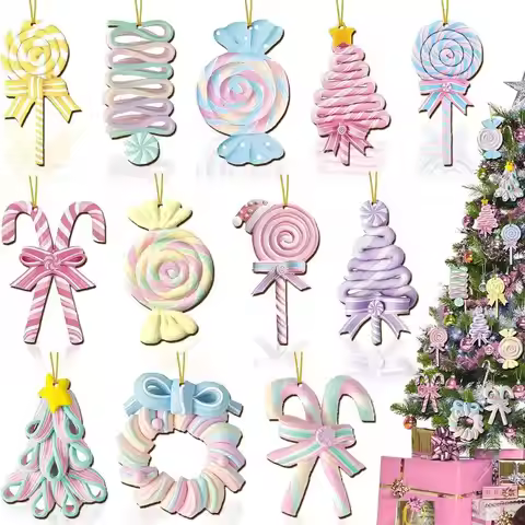 12/24/36 piece set Christmas candy lollipop accessories Wooden hanging mint candy cane ball pendant