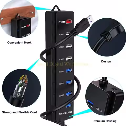 77UB USB Hub 8 Port Powered USB Hub USB Splitter with Individual Switches Power