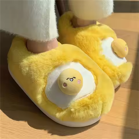 Funny fried egg design fur slippers women designer sunny-side-up fluffy indoor shoes ladies full wra