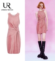 URBAN REVIVO Women Elegant Midi Dress Sleeveless Crewneck High Waist Casual Twist Side Printed Straight Dress Dresses