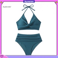 BUYMEZ  Bikini Set with Pleated Design Solid Color Swimsuit 2pcs Summer Bikini Set Women Halter Padd