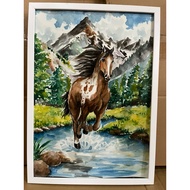 Running Horse Painting Natural View Watercolor Size A3/29.7x42cm With Glass Frame Can Be Hung And Se