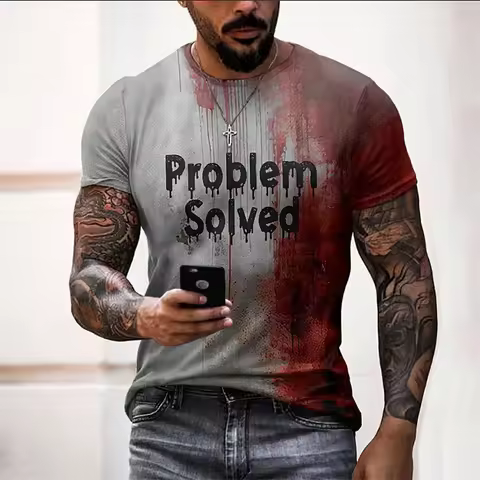 Men's Bloody Problem Solved Graphic T-Shirt Halloween TShirts Fashion Street Oversize Horrible Tee S