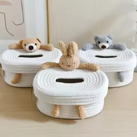1pcs Creative Tissue Box, Tissue Box, Simple Cartoon Cotton Rope Rectangular Household Living Room D