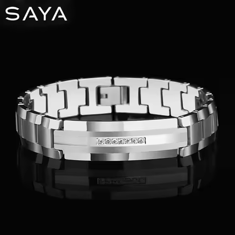 14mm Width Tungsten Carbide Men Bracelets, Inlay CZ Stones Tones Length 20cm Gift Customized
