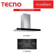 (HOOD + HOB) Tecno KA 9008 (90cm) Round Profile Chimney Cooker Hood with LED Sensor Touch Controls + Tecno T 738TRSV (70cm) 3 Burner Tempered Glass Cooker Hob