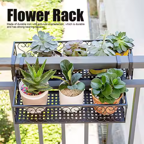 Iron Balcony Hanging Flower Rack Pot Stand Plant Storage Railing Shelf Decoration