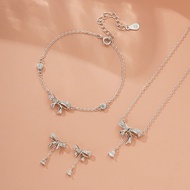 [Best Gift] S999 sterling silver bow tassel bracelet/necklace/earring set, light luxury style women'