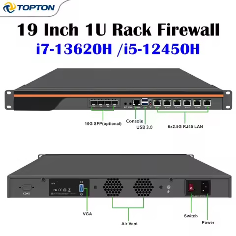 19 Inch 1U Rack Firewall Mini PC Intel i7 13620H i5 12450H 4×/2×10G SFP 6×2.5G LAN Enterprise Networ