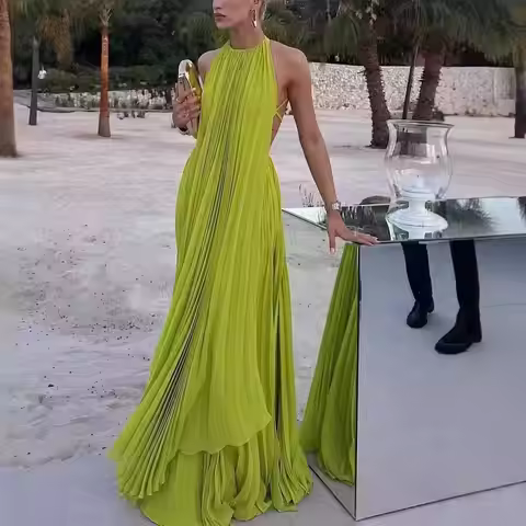 Women Halter Backless Pleated Maxi Gown, Sleeveless Deep Open Back Double Layer Slit Floor Length Fo