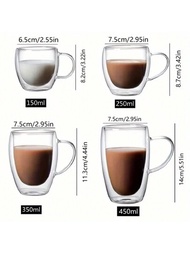 1入組150ml/250ml/350ml/450ml雙層保溫玻璃咖啡杯，帶手柄，適用於濃縮咖啡、果汁、牛奶、茶，由透明硼矽酸鹽玻璃製成，是生日理想禮物，四季飲用器具