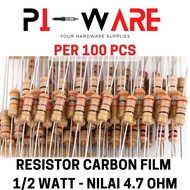 Package Contents 100Pcs Carbon Film Resistor 1/2 0.5 Watt Value 4R7 4.7 ohm