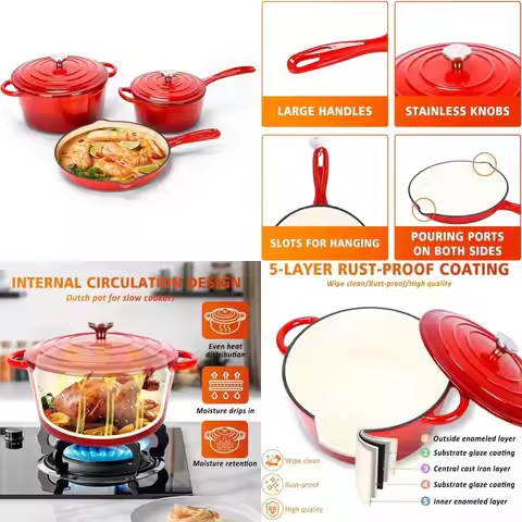 Enameled Cast Iron Cookware Set - 5-Piece Dutch Oven, Sauce Pan, Skillet with Lids, PFOA-Free, Induc