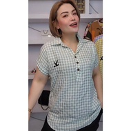 ****Size 86///Flower Embroidered Double-Sleeved Polo Shirt Plaid Pattern Cotton Fabric//Free Size 38