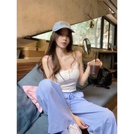 lovito coordinates Lazy Style Blue Striped suit Women's Summer Pure White Small Camisole Wide-leg Pa