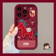 New Year Red 3D Embroider Pony Casing For Vivo IQOO Z9 Turbo+ Lite Z9X Z8 Z7 Z7X Z7i Z6 Z1 Pro Z6 Z6