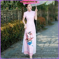 Woman Aodai Vietnam Cheongsam Traditional Flower Print Banquet Evening Dress
