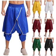 ShyLizee Mens Hippie Harem Pants Irregular Overlay with Metallic Trim Widen Elastic Waistband Loose 